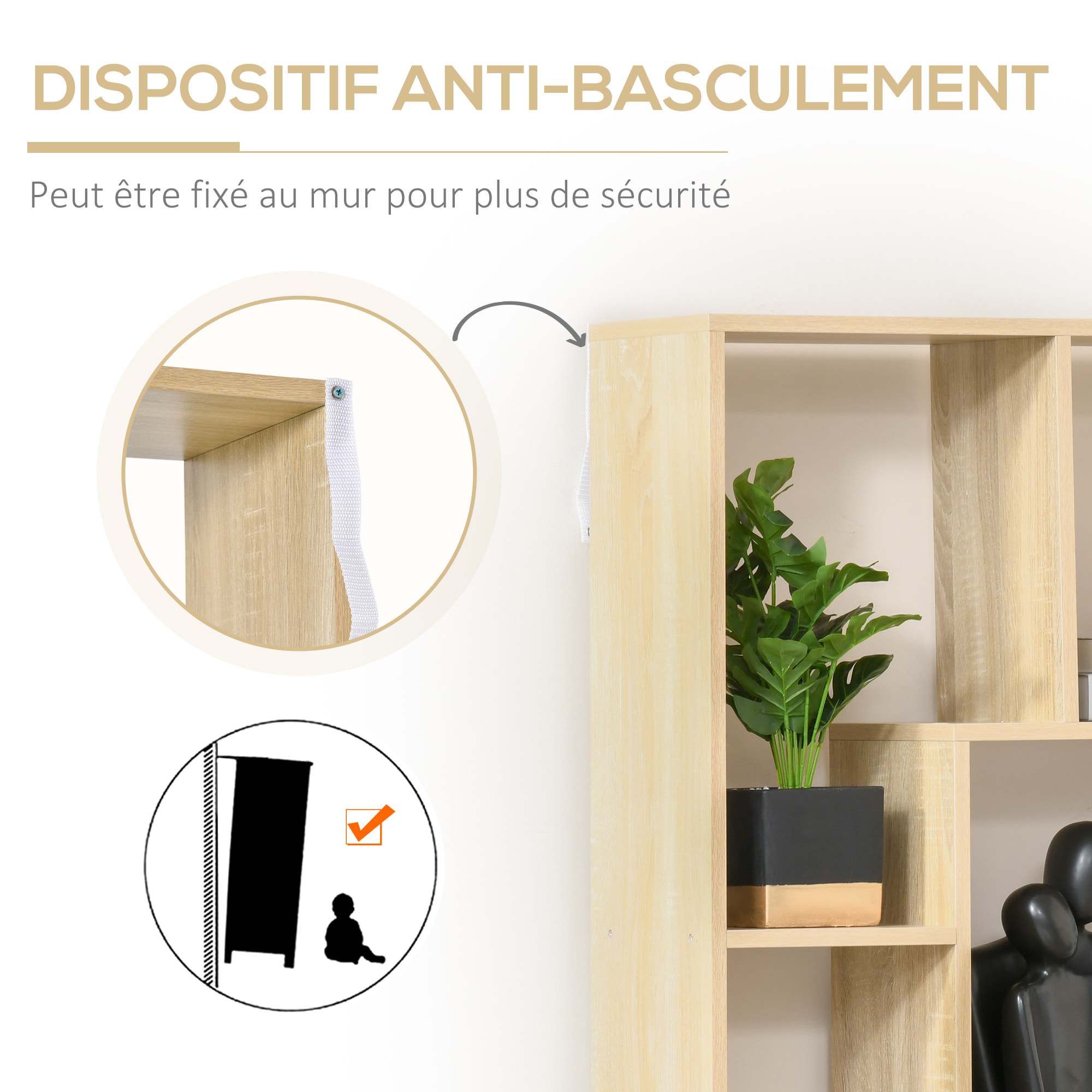 Bibliothèque étagère meuble de rangement dim. 70L x 24l x 178H cm en zigazag et 8 espaces en panneau de particules naturel
