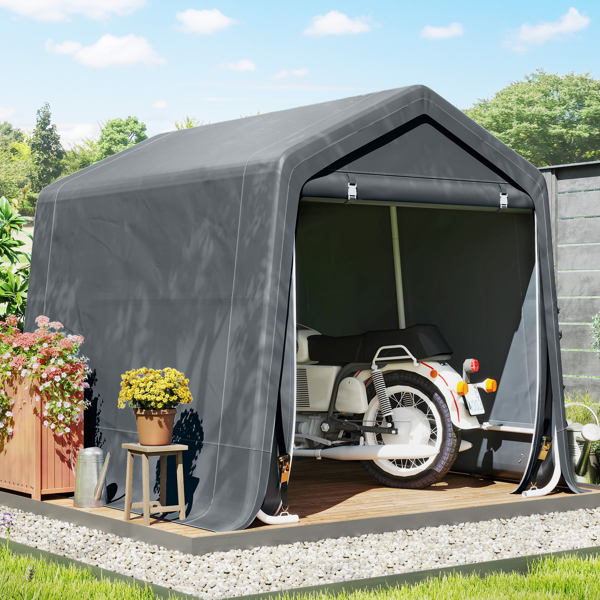 Carpa de Jardín Exterior para Herramientas, Bicicletas, 2,4x2x2 m, Cobertizo Exterior con Marco de Metal, Puerta Enrollable con Cremallera, Impermeable, Anti-UV, Garaje Portátil, Gris Oscuro