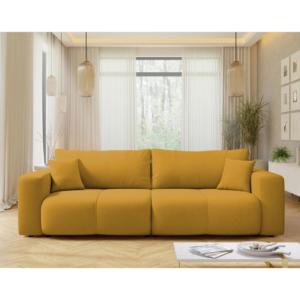 Nicole - Canapé droit 3 places convertible avec coffre en tissu - Jaune