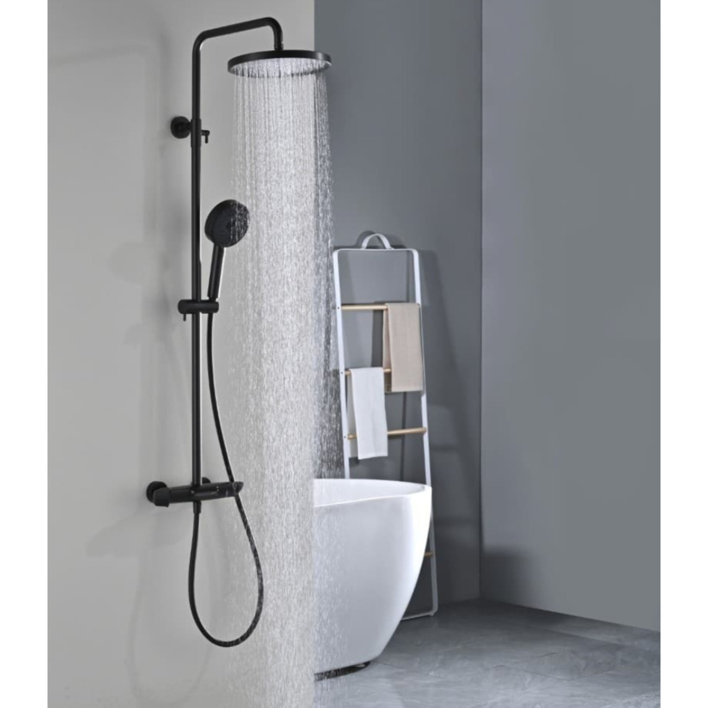 Ensemble bain/douche 3 jets avec mitigeur thermostatique baignoire + douche de tête + douchette à main, noir mat (SATSSTVKC)