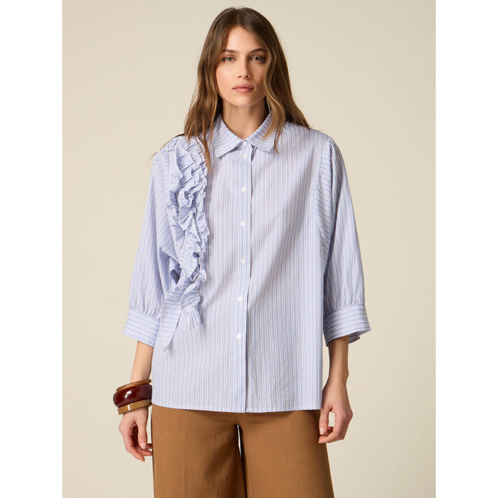 Oltre - Camicia over in popeline con volant - Azzurro