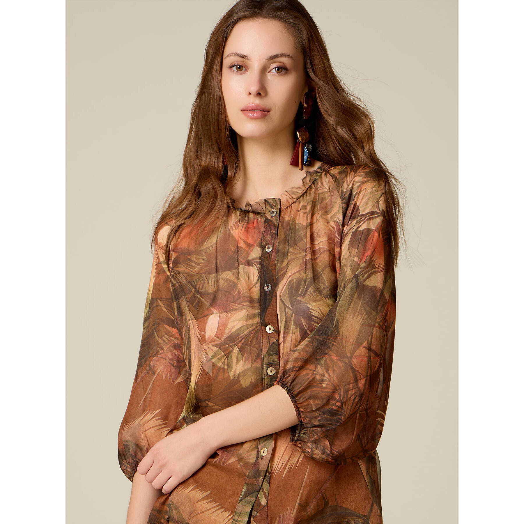 Oltre - Camicia in chiffon fantasia misto seta - Marrone