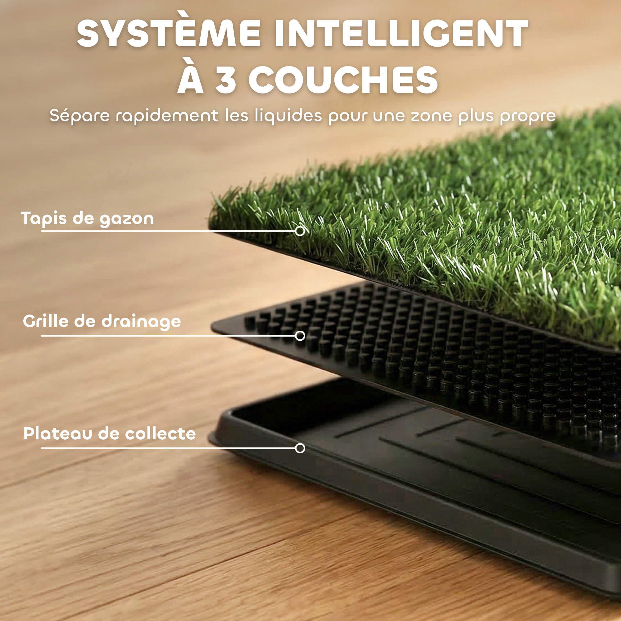 Litière gazon synthétique chien 2 tapis 3 couches dim. 63L x 50l cm