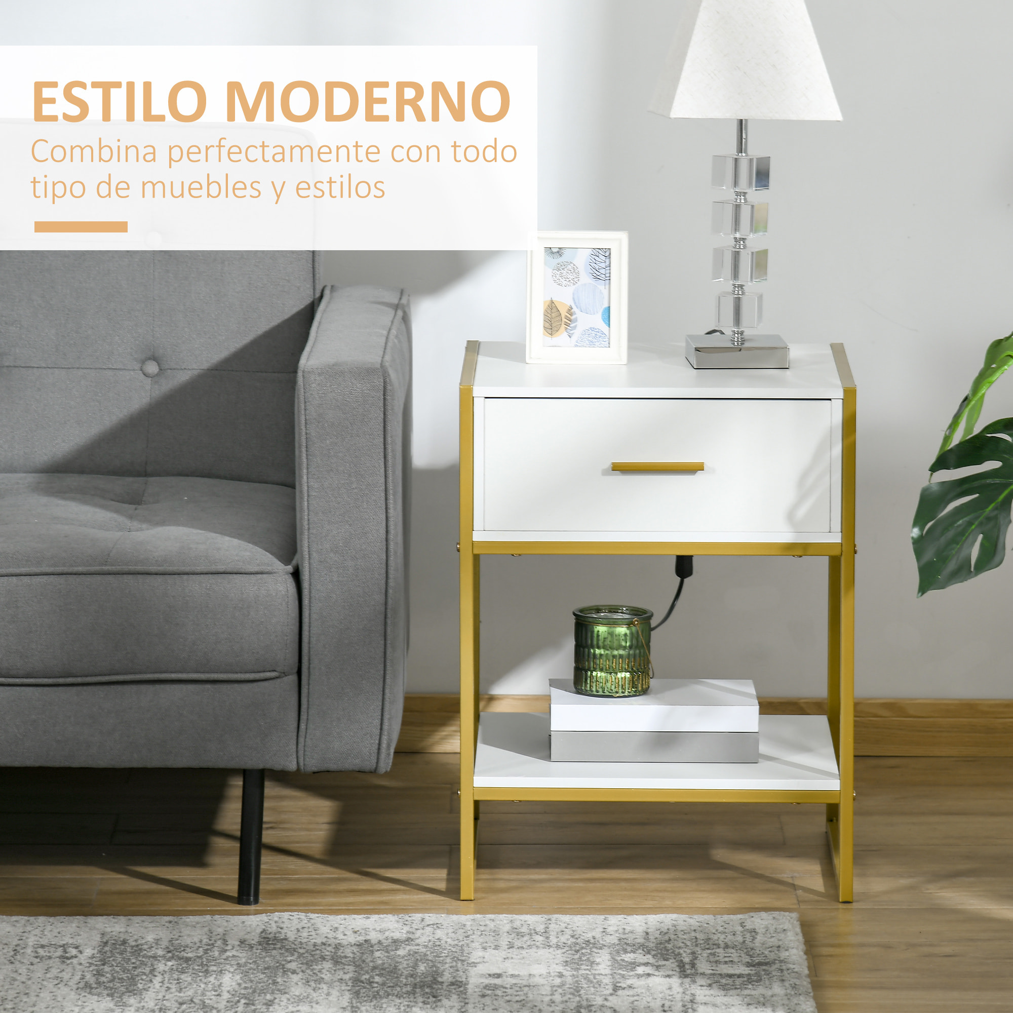 HOMCOM Mesita de Noche Mesa Auxiliar con 1 Cajón y Estante de Almacenamiento para Dormitorio Salón Cama Oficina Estilo Moderno 45x40x60 cm Blanco