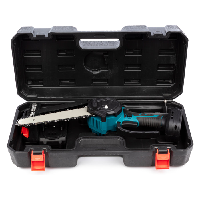 Mini motosierra inalámbrica 21V con hoja de 8 pulgadas, 2 baterías de 6500 mah y maletín de transporte.