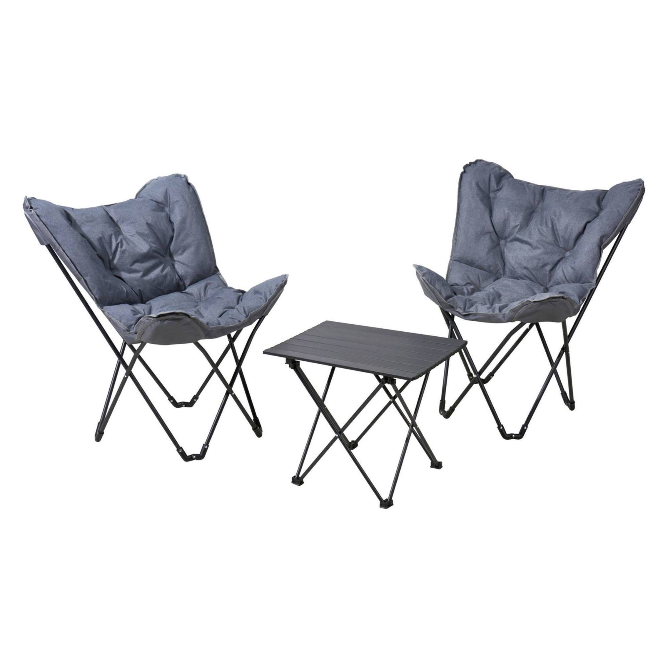 Set camping plegable 3 piezas (2 sillas mariposa + mesa metálica) color gris oscuro