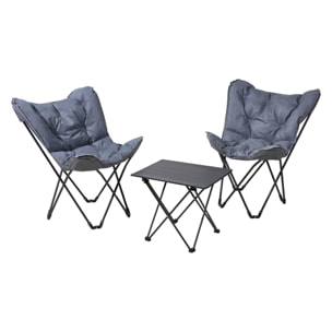 Set camping plegable 3 piezas (2 sillas mariposa + mesa metálica) color gris oscuro