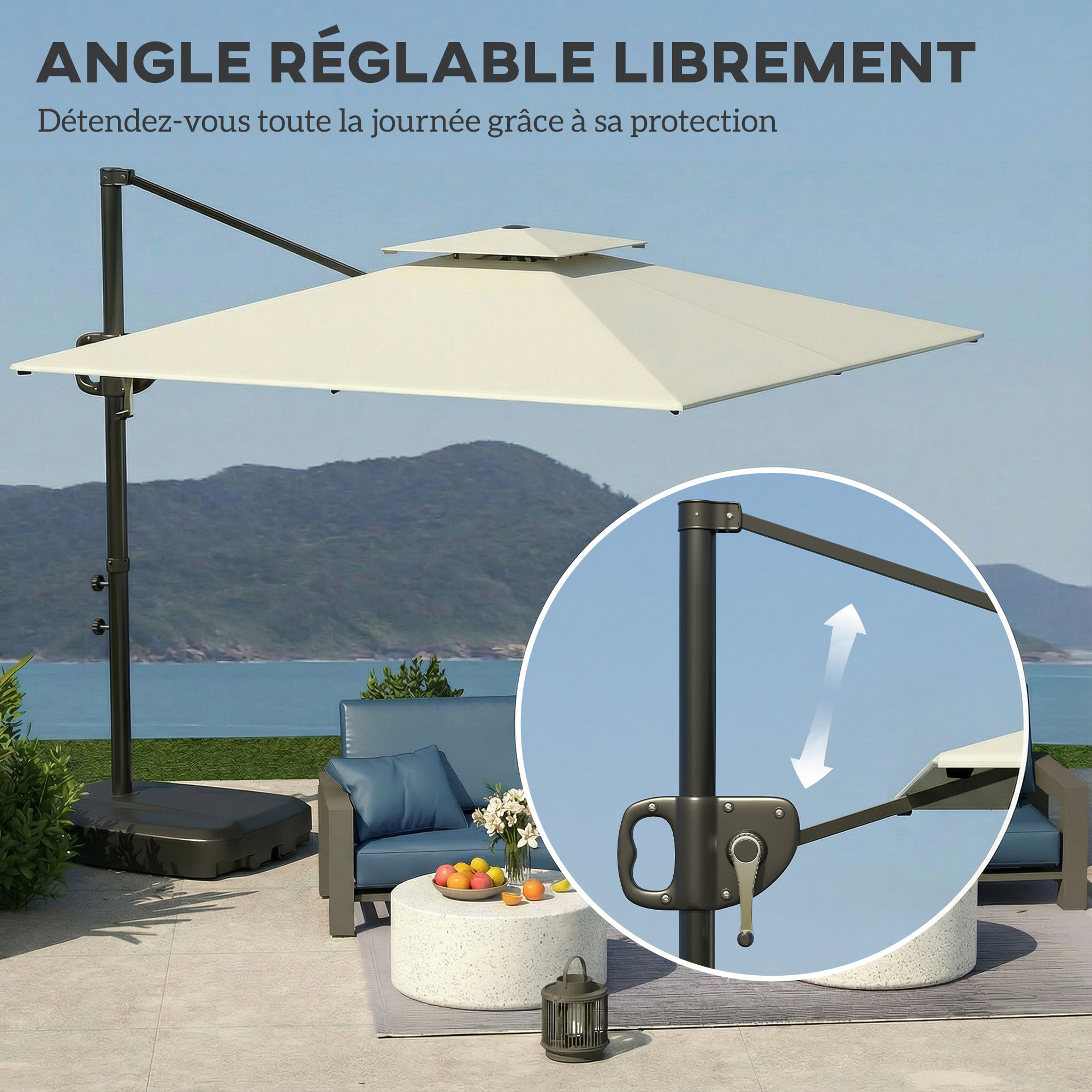 Parasol déporté carré 2,5 x 2,5 m avec base de lestage - inclinaison réglable - métal époxy tissu crème
