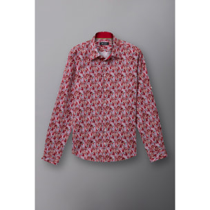 Camicia Uomo 1 Bottone Italiano Popeline Stampato Rosso\Bianco