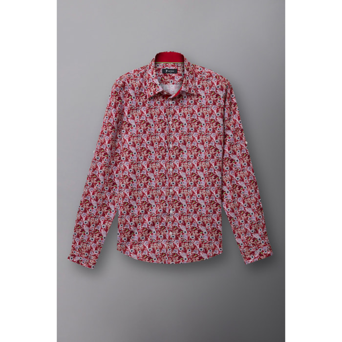 Camicia Uomo 1 Bottone Italiano Popeline Stampato Rosso\Bianco