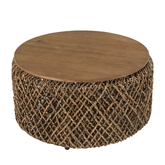 SIXTINE - Table basse ronde diam70 rotin, plateau bois teck recyclé