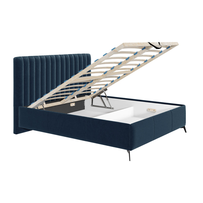 Mendoza - lit coffre - 140x200 - sommier inclus - en velours - Bleu