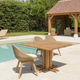 KALLY - Ensemble de jardin : table carrée en bois de teck recyclé et rotin synthétique, 4 pers.
