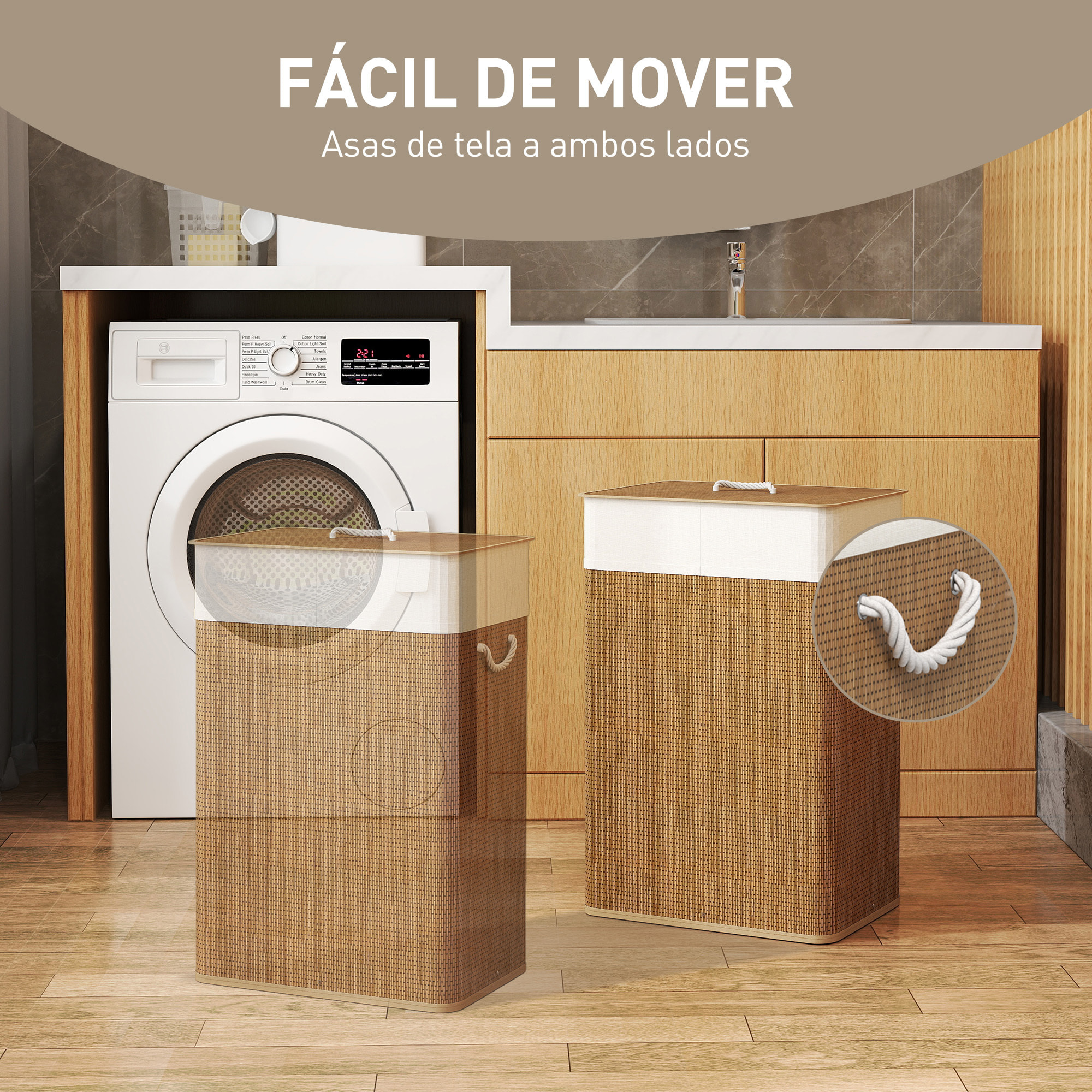 Cesto de Ropa Sucia con Tapa 72L Cesta Colada de Bambú con Bolsa Interior Extraíble y Asas para Lavandería Dormitorio 40x30x60 cm Marrón