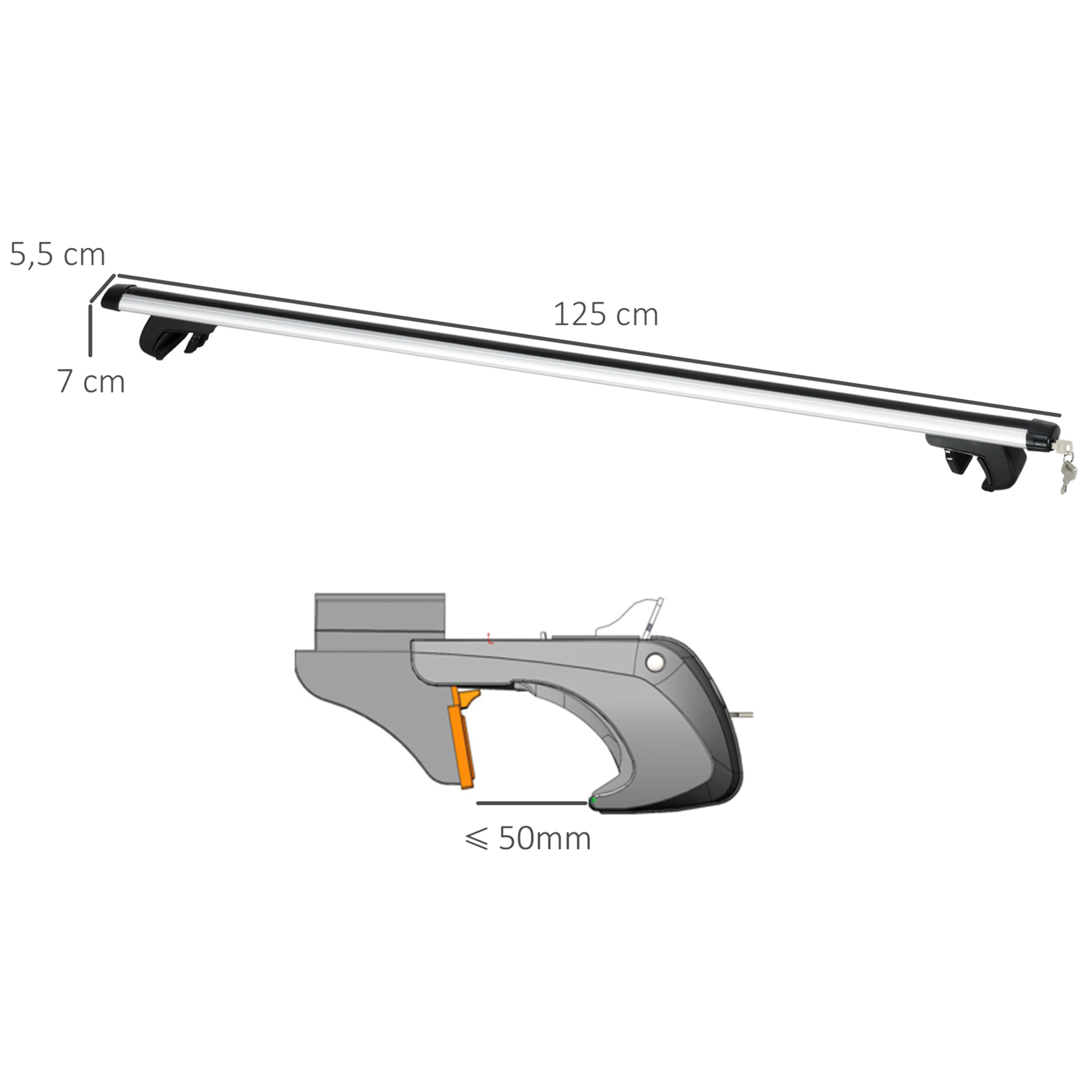 Barres de toit de voiture verrouillables 2 clés fournies dim. 123,5L x 5,5l x 7H cm aluminium noir