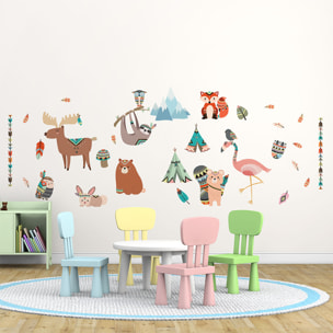 Stickers muraux enfants - Décoration chambre bébé - Autocollant Sticker mural géant enfant montagnes scandinaves ANIMAUX DES MONTAGNES ET PLUMES INDIENNES