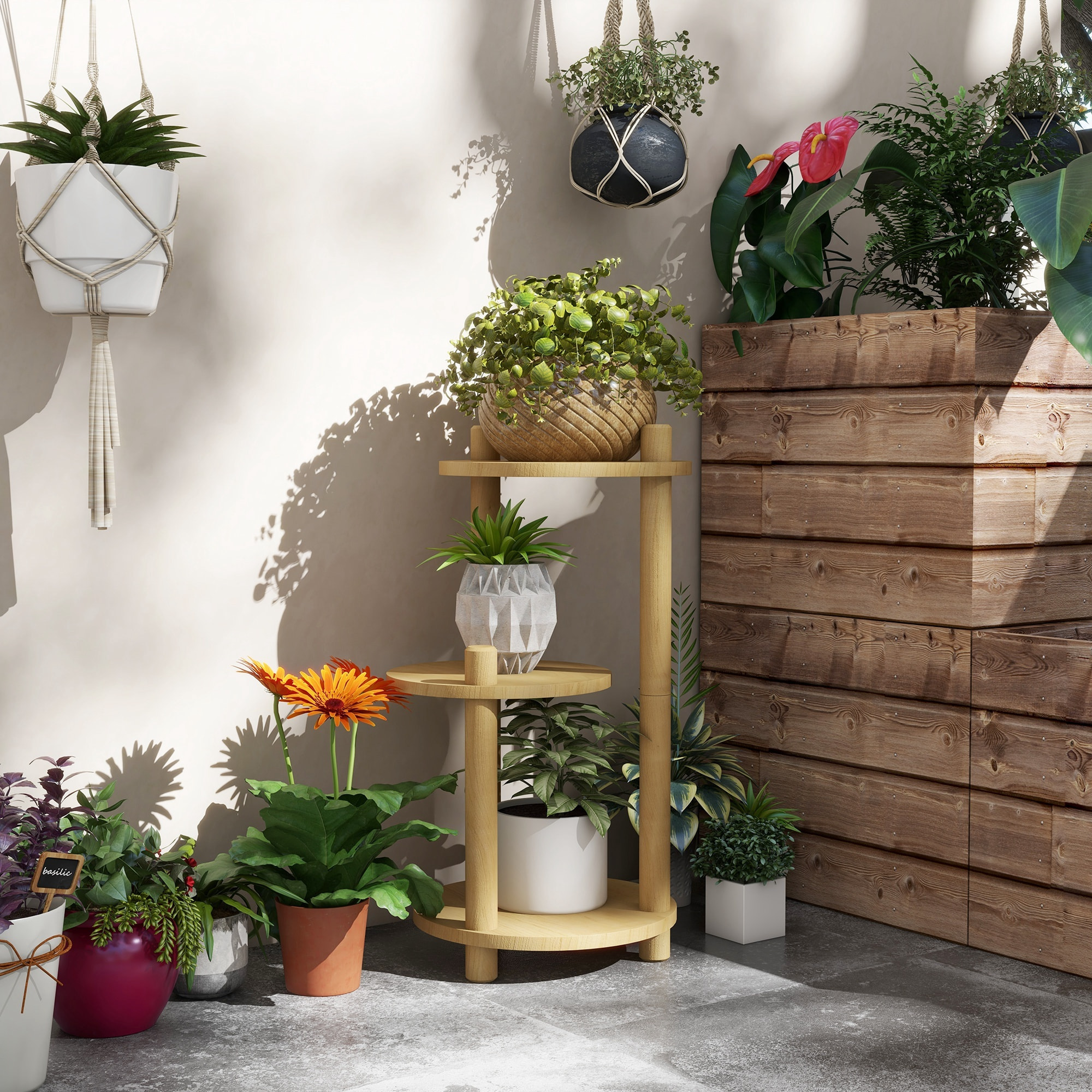 Étagère à fleurs en bois - porte plante bois 3 étagères rondes - dim. 41L x 39l x 68H cm - bois sapin verni