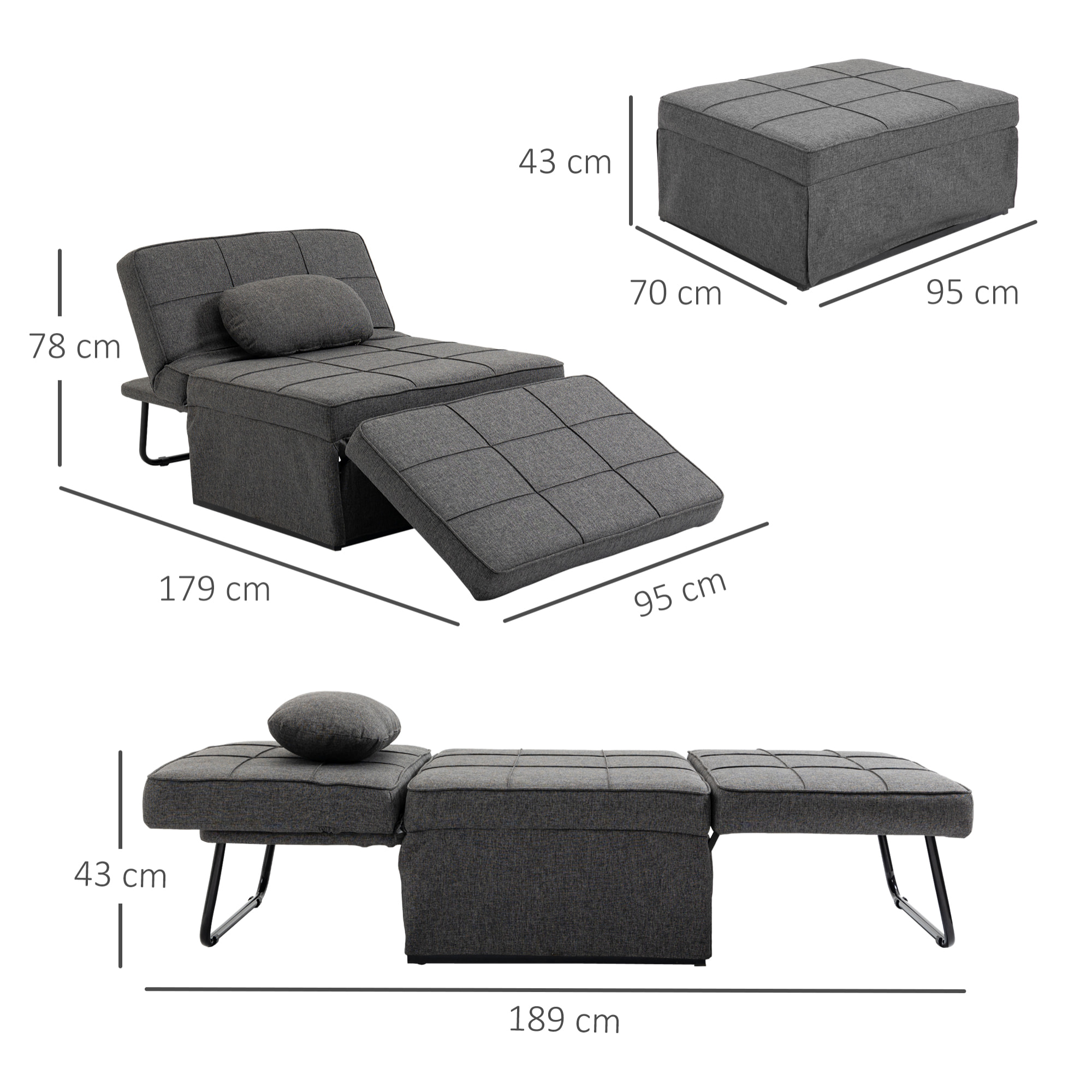 Fauteuil chauffeuse chaise longue pouf 3 en 1 dossier inclinable 5 niveaux repose-pied rabattable châssis métal noir lin gris