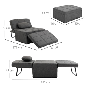 Fauteuil chauffeuse chaise longue pouf 3 en 1 dossier inclinable 5 niveaux repose-pied rabattable châssis métal noir lin gris