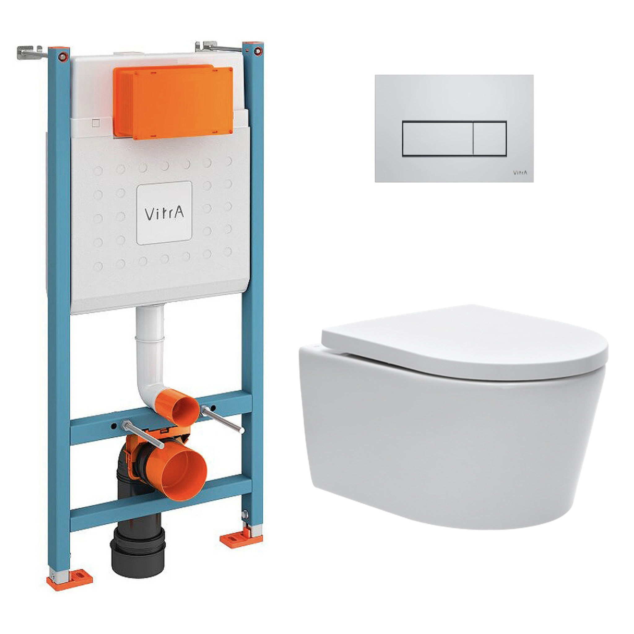 Pack WC Bâti-support Vitra V-Fix Core + WC SAT sans bride et fixations invisibles + Plaque Chrome brillant (V-FixSATrimless-8)