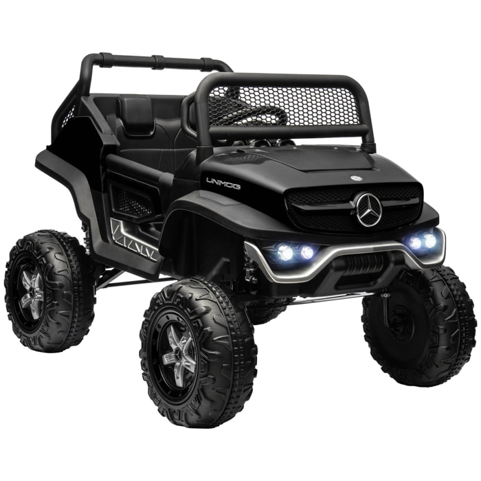 Voiture électrique 4x4 pour enfants de 3 à 8 ans 12 V Mercedes-Benz Unimog 2 moteurs avec télécommande, roues suspendues, klaxons, lumières, musique, noir