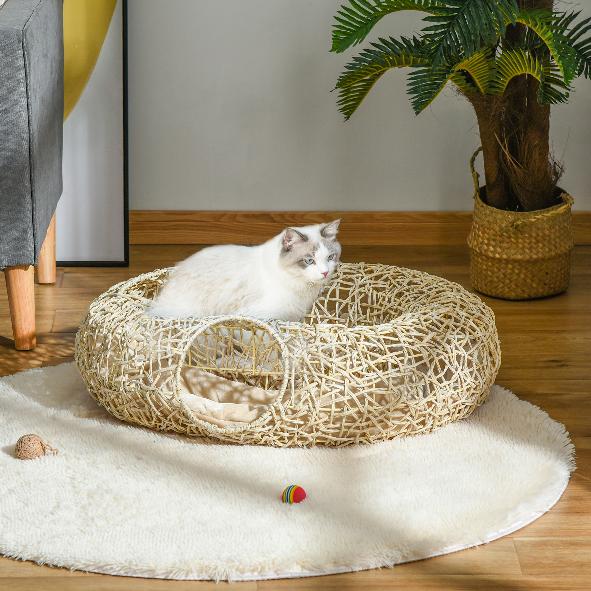 Cama para Gatos de Ratán 78x69x22 cm Cesta para Gatos Rolliza con Cojín Suave