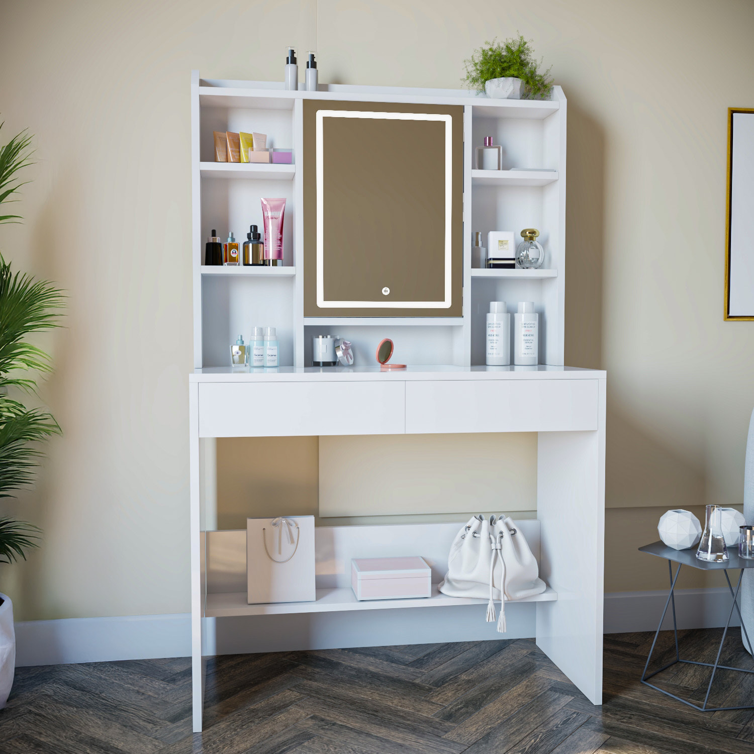 Toeletta Tavolino Da Trucco Tavolo Con Luce LED Luminosità Tonalità Regolabile Specchio 2 Cassetti 7 Vani A Giorno Mensole Regolabili 40x90x145 Cm