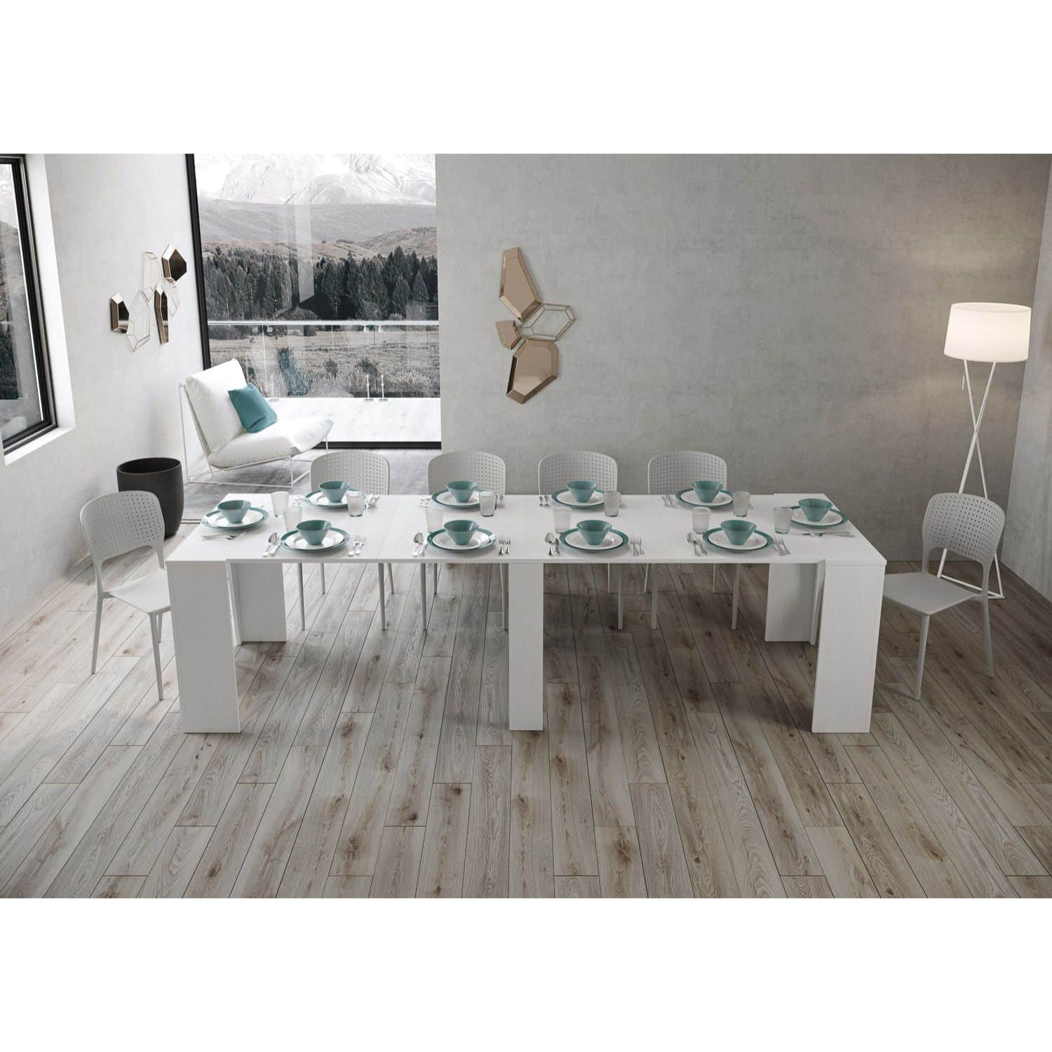 Console extensible 90x48/296 cm Bakari frêne blanc rallonges internes