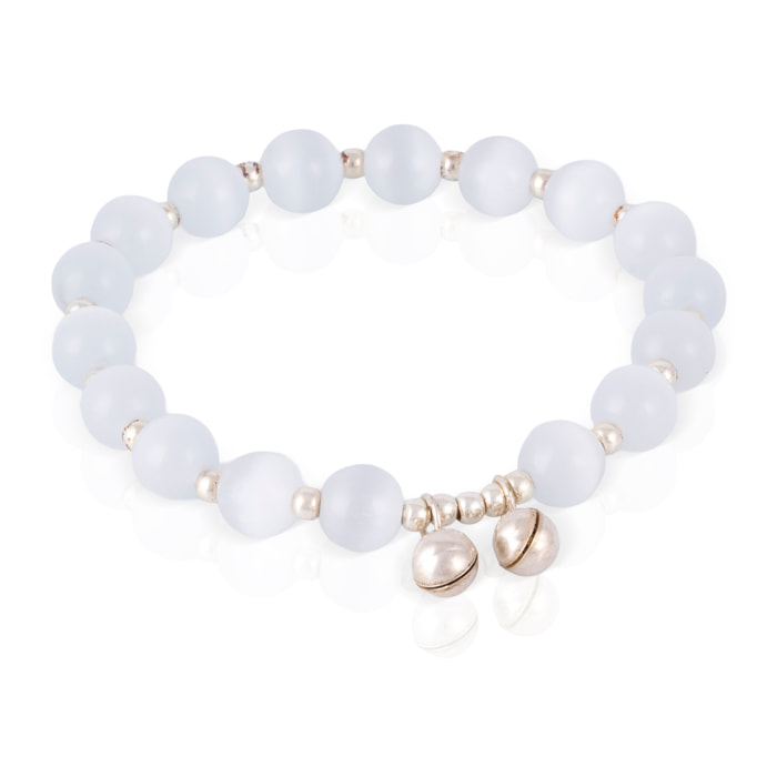 Pulsera elástica con piedras artificiales de ojo de gato con cascabeles y detalles en plata de ley 925.