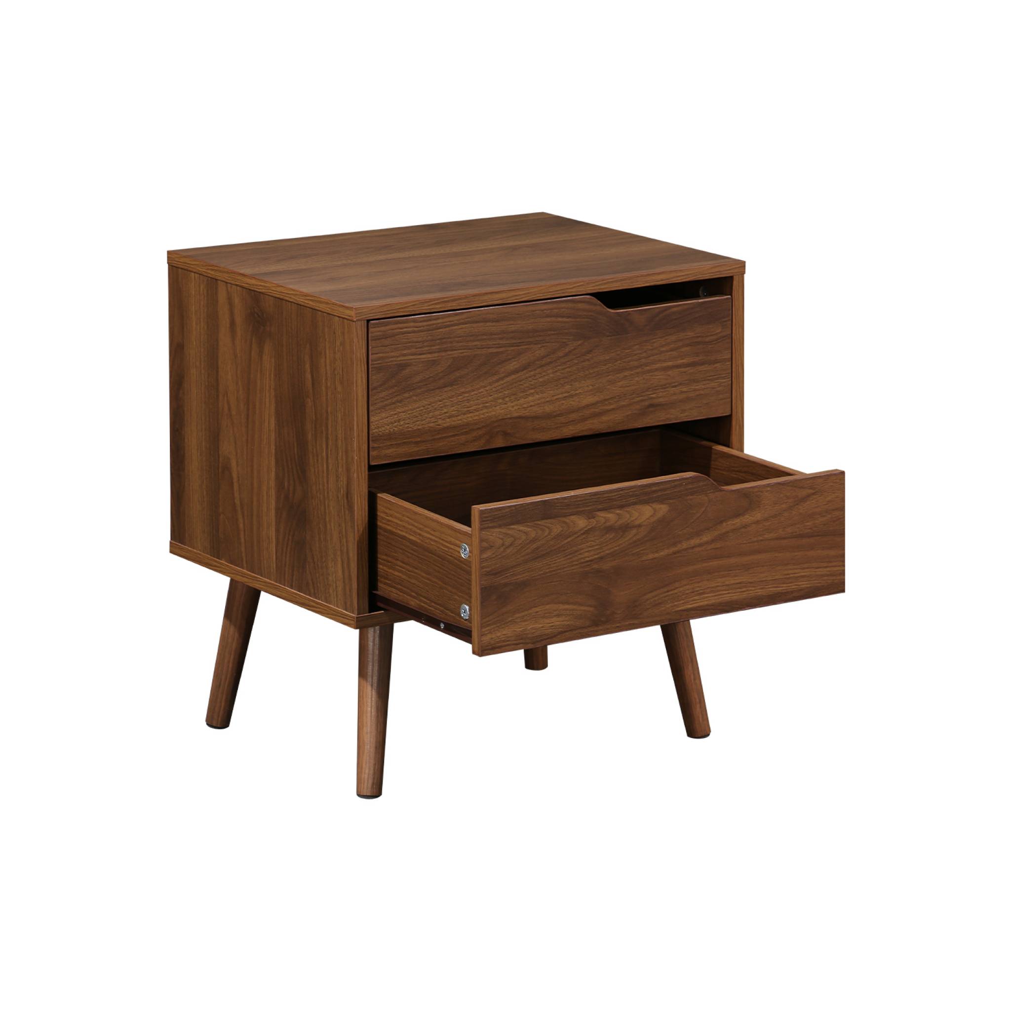 Table de chevet décor bois teinté noyer. 2 tiroirs. pieds en pin massif