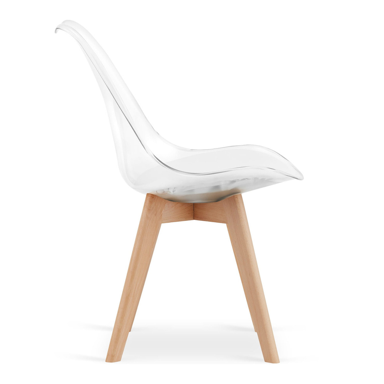 Sedia Mark trasparente con cuscino bianco e gambe in faggio