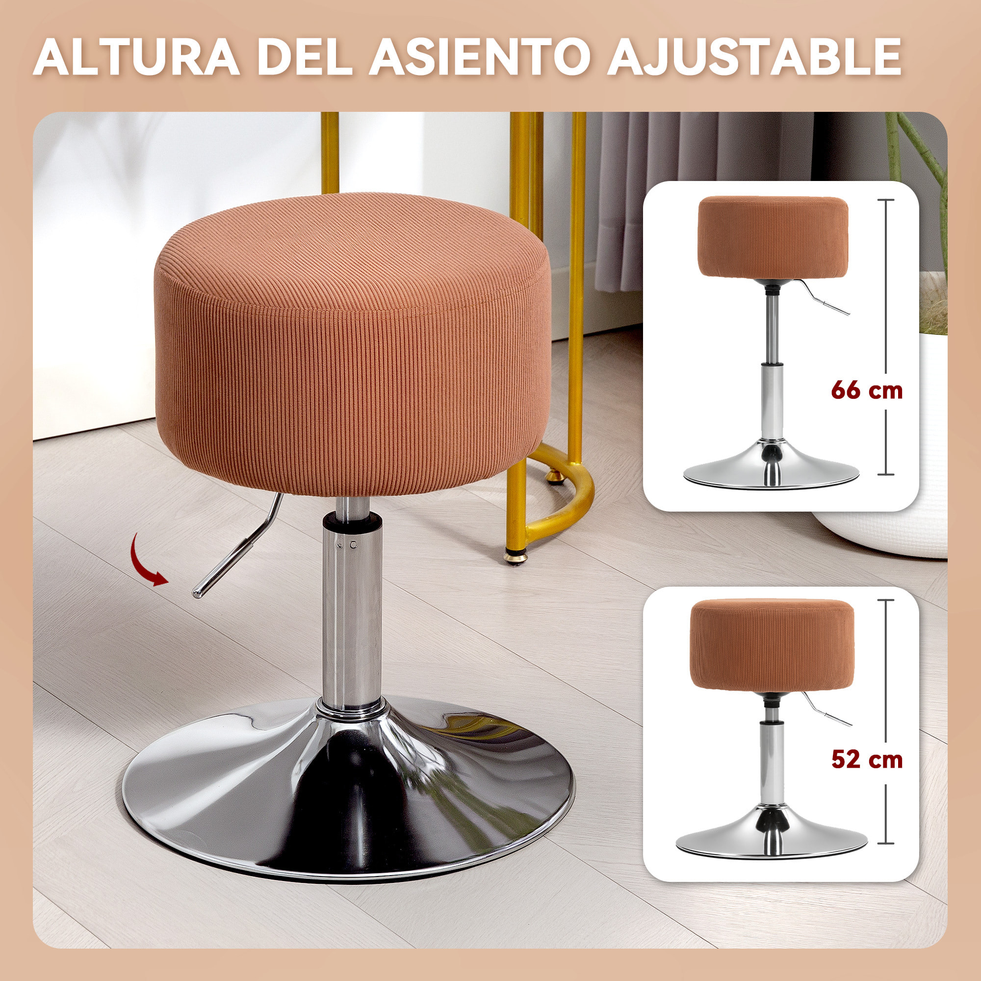 Taburete de Bar Taburete Alto de Cocina Regulable en Altura 52-66 cm Tapizado en Pana Giratorio en 360° para Comedor Tocador Mostrador Marrón