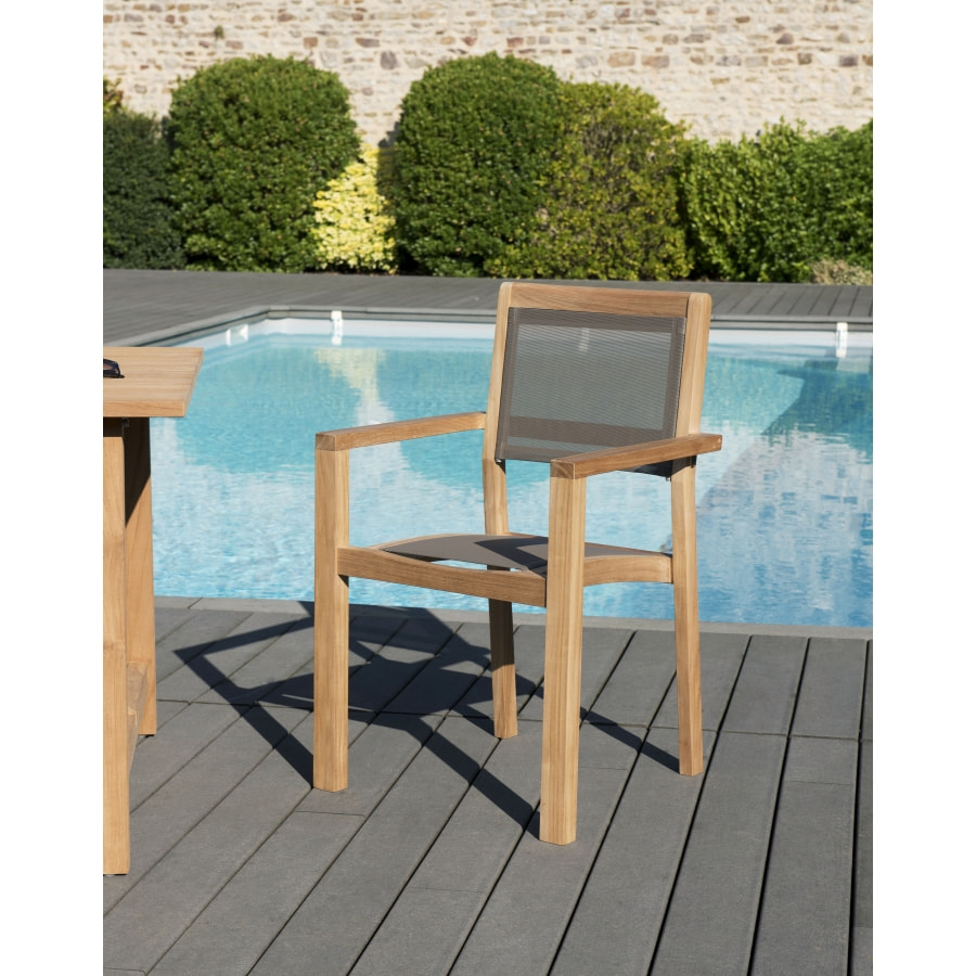 HARRIS - Ensemble de 2 fauteuils jardin empilables en bois teck et textilène couleur taupe