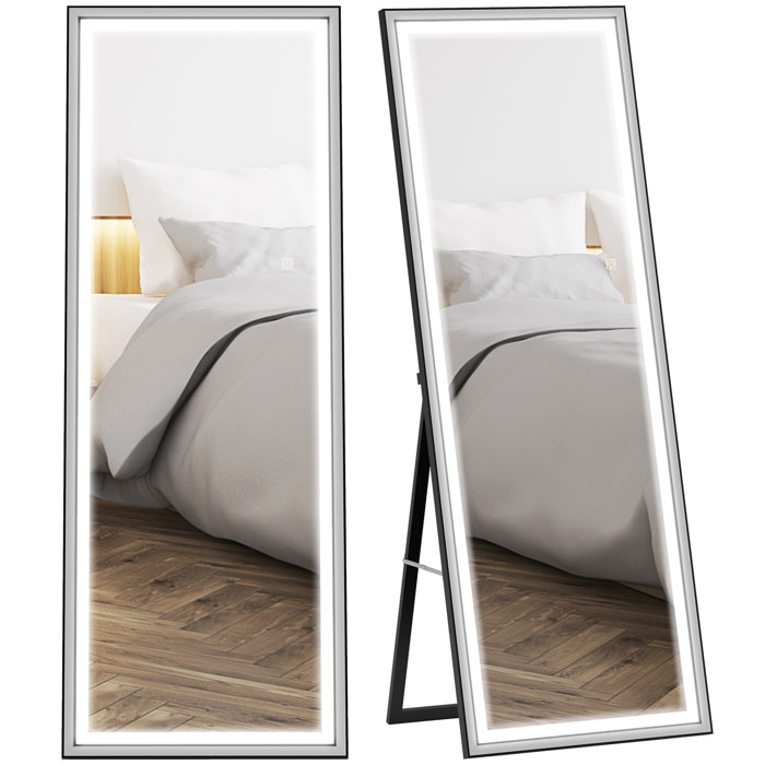 Espejo de Pie Cuerpo Entero con Luces, 165x60 cm, Espejo de Cuerpo Entero, 3 Temperaturas de Color, Brillo Ajustable, Independiente, Apoyado y de Pared, para Dormitorio, Salón, Blanco y Negro
