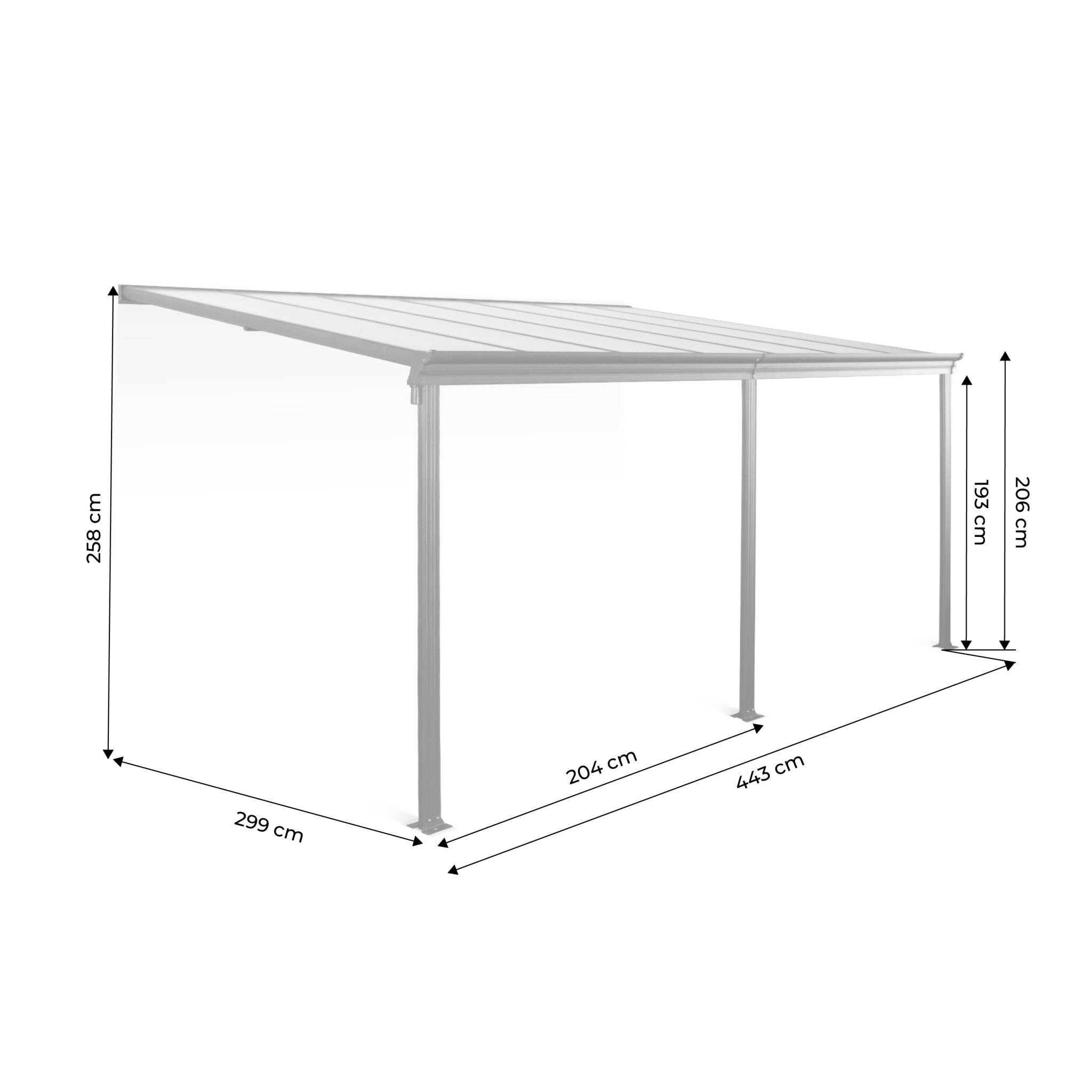 Pergola murale 3x4 m en aluminium et polycarbonate avec gouttière. pergola adossée. Avenio