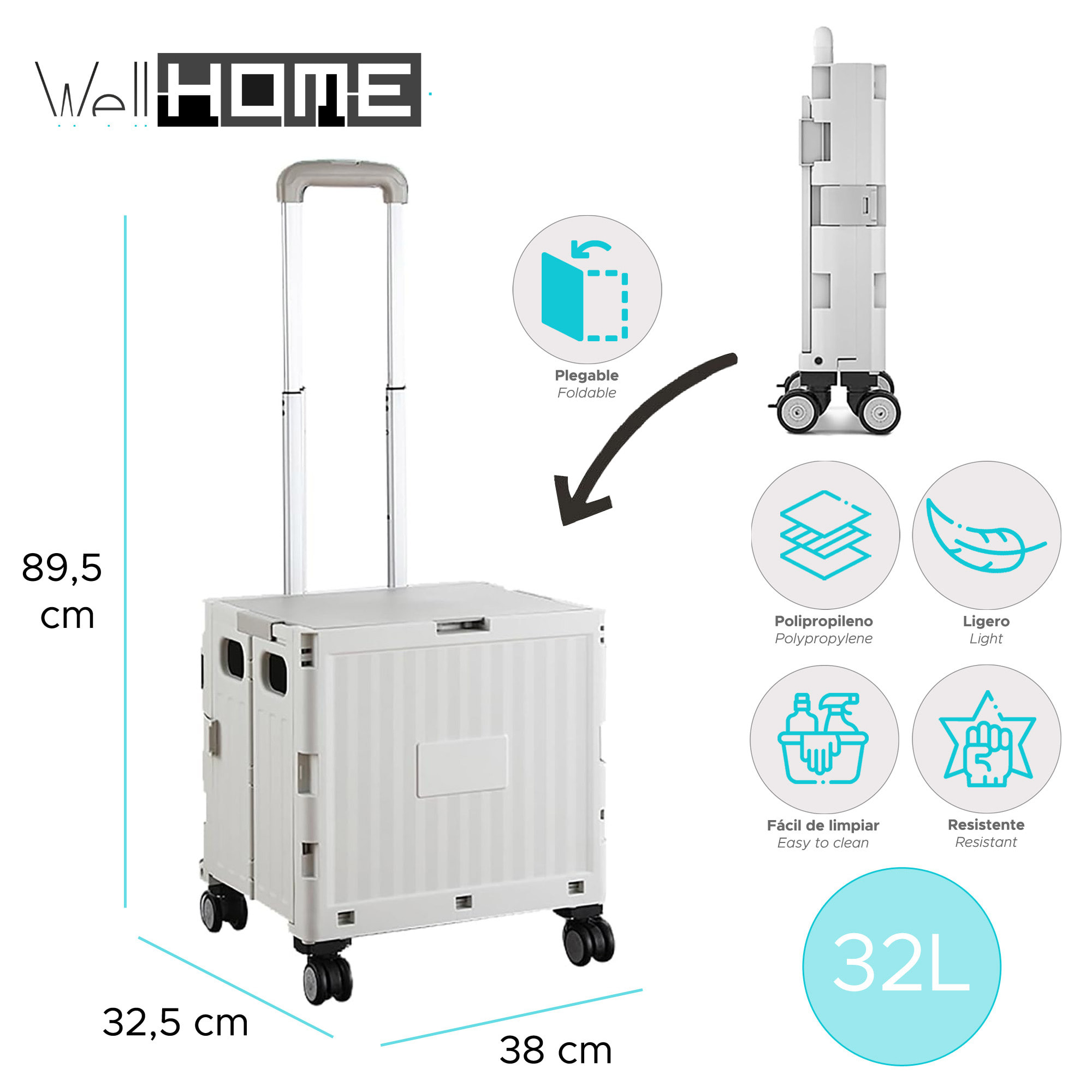 Carrito de almacenaje Plegable 38 × 32,5 × 89,5 cm. con 4 ruedas giratorias de 360º color Gris-32L
