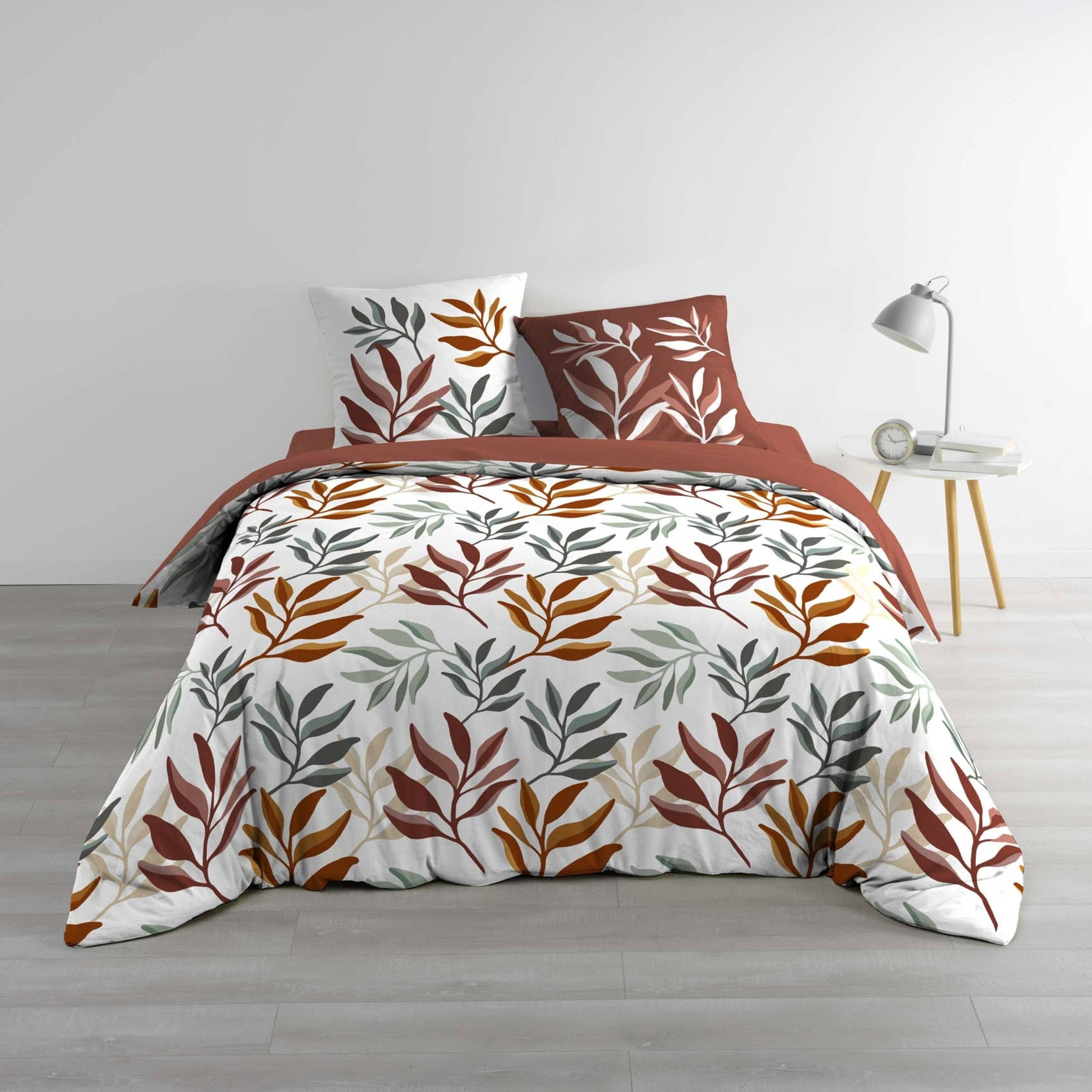 Parure de lit 3 pièces 100 % coton imprimé à motif végétal housse + taies - Rouge