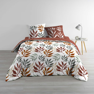 Parure de lit 3 pièces 100 % coton imprimé à motif végétal housse + taies - Rouge