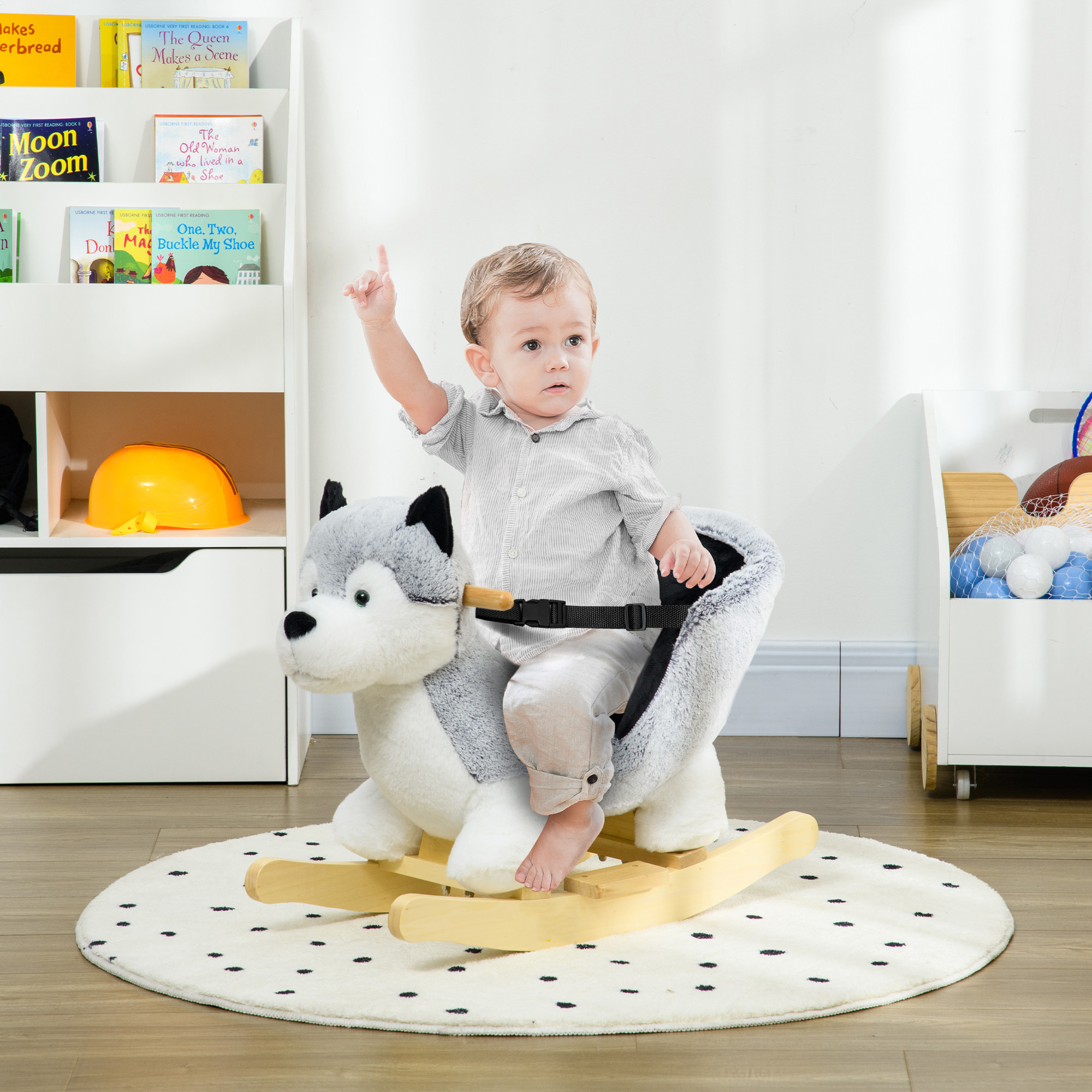 Caballo Balancín para Niños de 18-36 Mesas Forma Perro Husky Caballo de Juguete con Sonido Asas Cinturón de Seguridad y Base de Madera Carga 40 kg 60x33x50 cm Gris