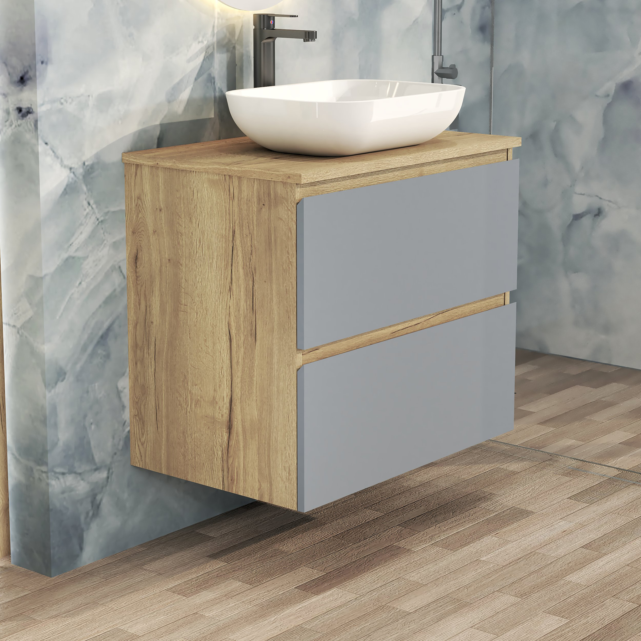 Conjunto de Baño Nia | Mueble Suspendido | 70 cm Azul | Dos Cajones | Lavabo Sobrepuesto | No incluye Espejo | Mueble Montado| Alday