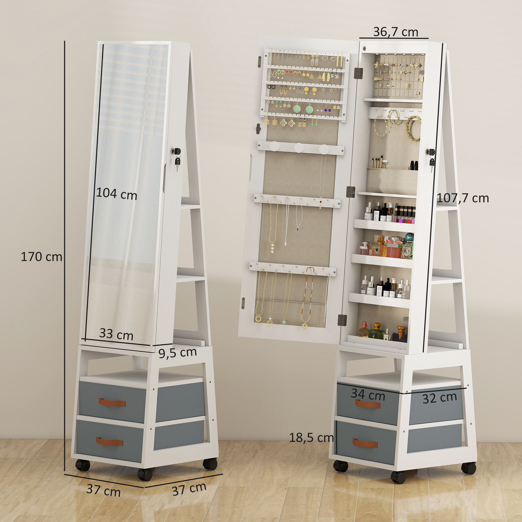 Espejo Joyero con Luces LED Interior, Armario para Joyas con Ruedas, Armario Joyero con Espejo Entero, Giratorio de 360°, Estantes Abiertos, Cajones de Tela, Blanco