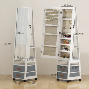 Espejo Joyero con Luces LED Interior, Armario para Joyas con Ruedas, Armario Joyero con Espejo Entero, Giratorio de 360°, Estantes Abiertos, Cajones de Tela, Blanco