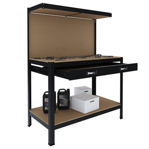 Banco Tavolo Da Lavoro 3 Livelli 120 x 60 Cm Max 370 Kg Cassetto Parete Pannello Forato Porta Attrezzi Utensili Garage Officina Cantina Magazzino Nero