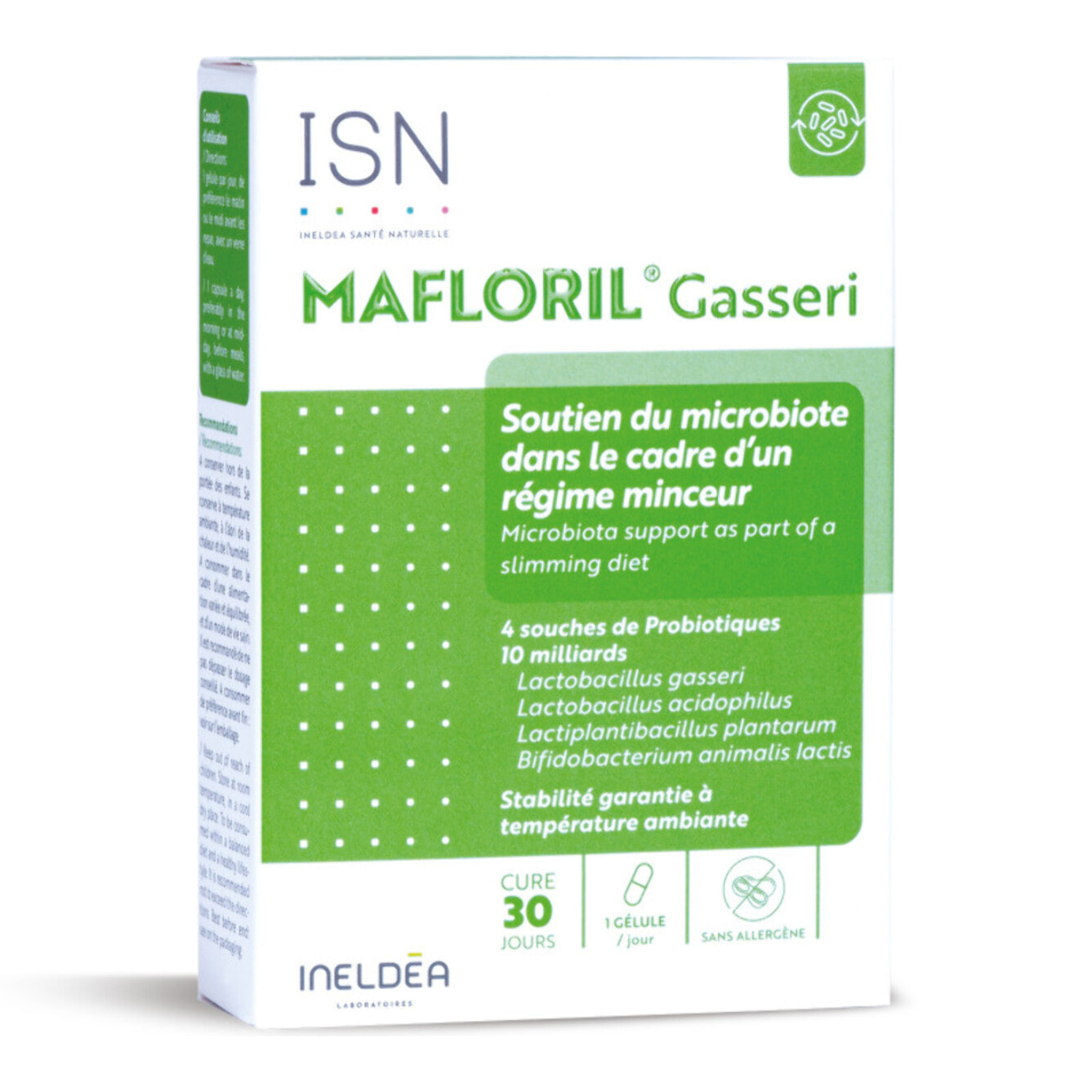 ISN - Mafloril Gasseri - Complément alimentaire - 4 souches de probiotiques - Soutien de la flore intestinale dans le cadre d'un régime minceur - Cure 30 jours
