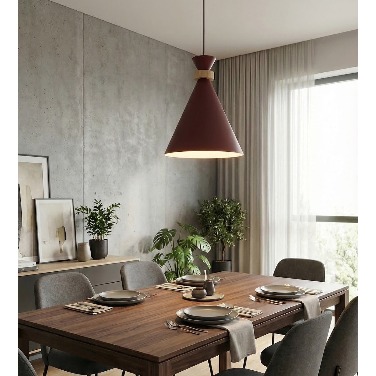Lampada a sospensione Zero bordeaux con inserti in legno