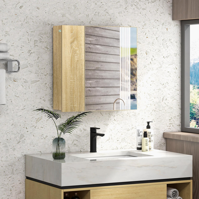 Armoire miroir de salle de bain - 2 portes, 2 étagères - kit installation murale fourni - panneaux aspect chêne clair