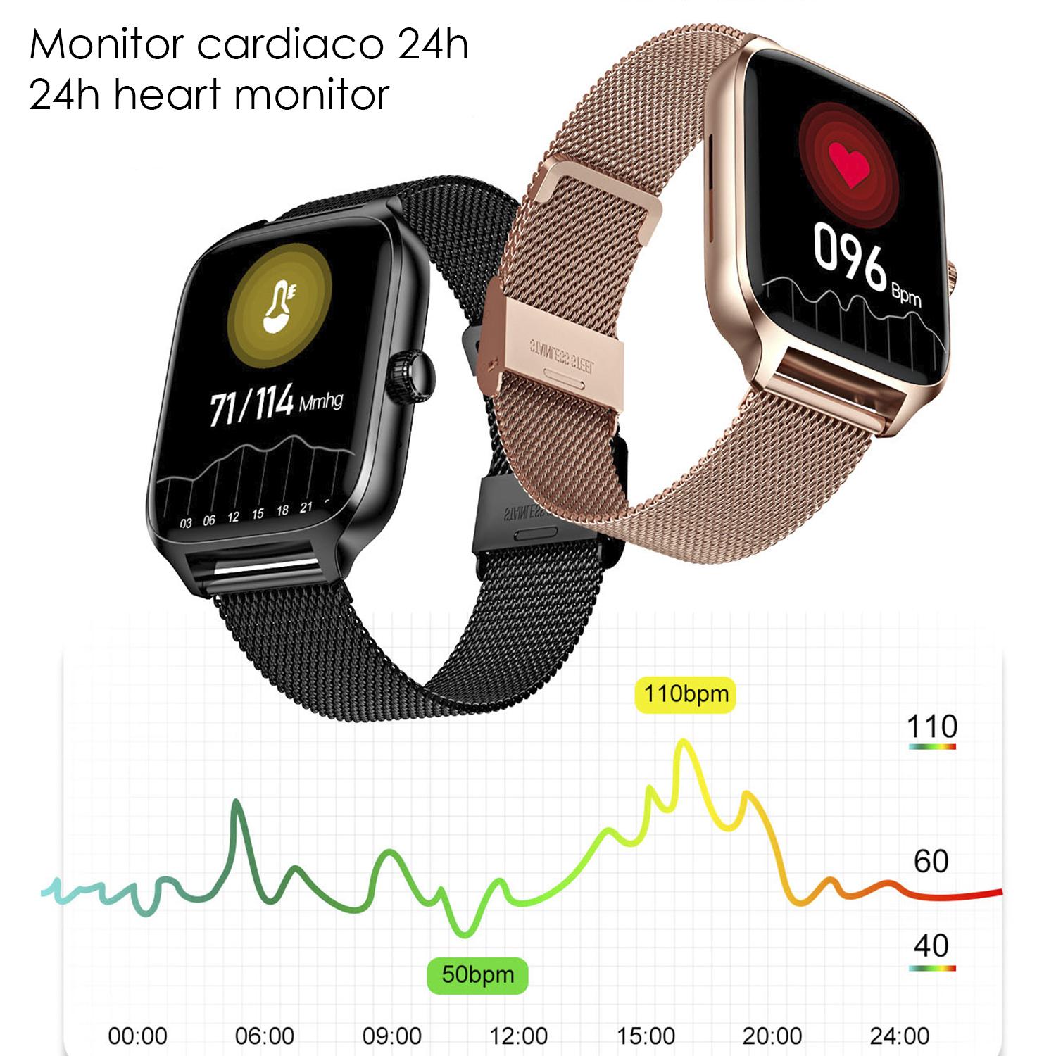 Smartwatch DT116 con cardiofrequenzimetro, schermata di accesso rapido, notifiche, accesso assistente vocale.