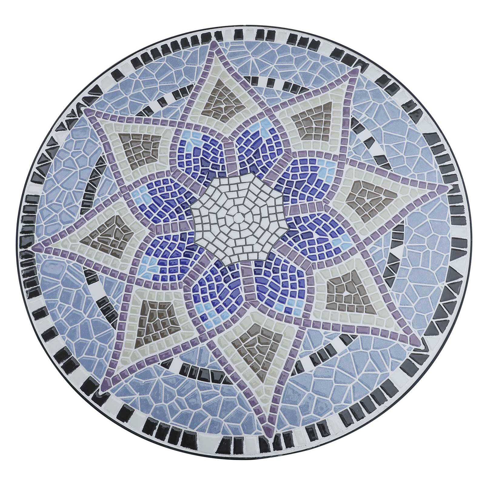 Mesa de Jardín Redonda Mesa de Terraza Exterior Ø60x71 cm con Encimera de Mosaico Decorativo Carga 100 kg Mesa para Exterior Patio Azul y Blanco