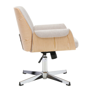 Chaise de bureau en tissu effet velours texturé beige et bois clair chêne RIKKI