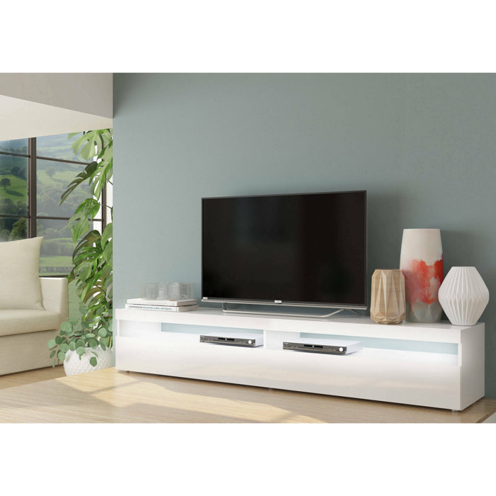 Mobile da soggiorno Porta TV, Made in Italy, Supporto per TV a 1 anta a ribalta e ripiani, cm 200x45h36, colore Bianco lucido, con luce LED bianca